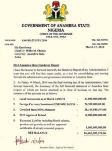 Peter Obi's 2014 Anambra State handover report